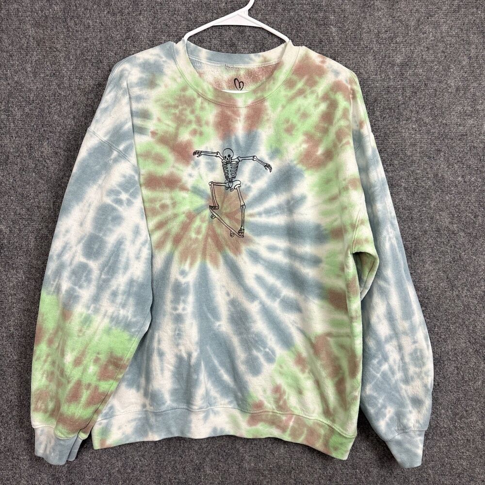 Full Tilt Tie Dye Skeleton Skateboard Sweatshirt Womens Size L Blue Green